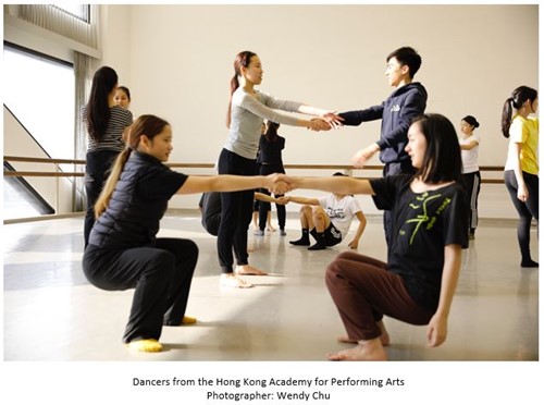 A group of dancers stretching in pairs