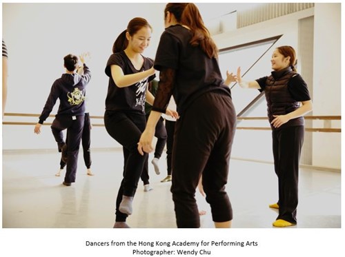 A group of dancers warming up in pairs